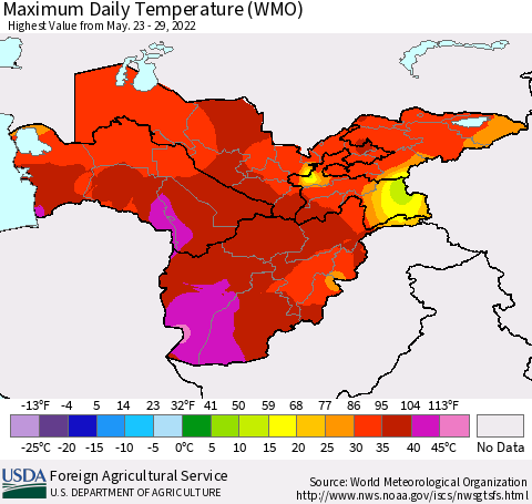 Central Asia Maximum Daily Temperature (WMO) Thematic Map For 5/23/2022 - 5/29/2022