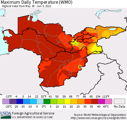 Central Asia Maximum Daily Temperature (WMO) Thematic Map For 5/30/2022 - 6/5/2022