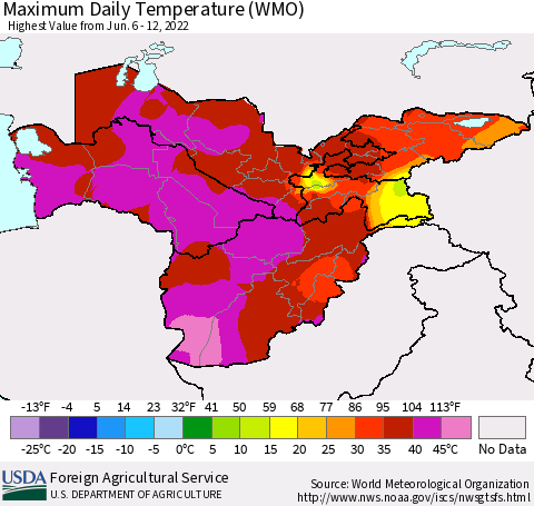 Central Asia Maximum Daily Temperature (WMO) Thematic Map For 6/6/2022 - 6/12/2022
