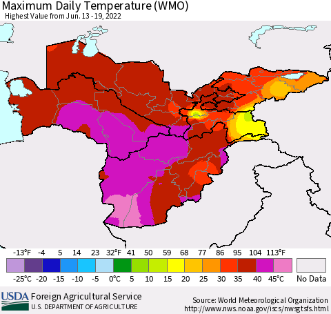 Central Asia Maximum Daily Temperature (WMO) Thematic Map For 6/13/2022 - 6/19/2022