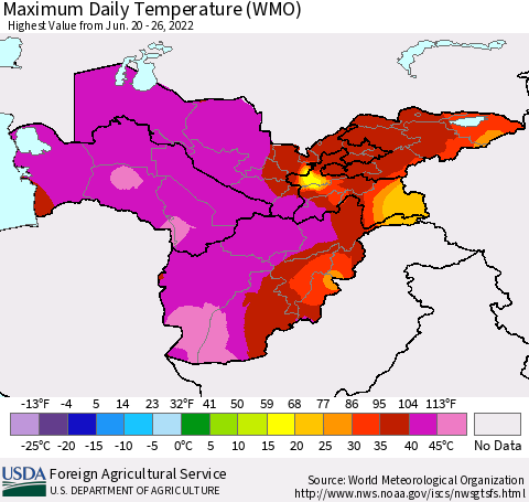 Central Asia Maximum Daily Temperature (WMO) Thematic Map For 6/20/2022 - 6/26/2022