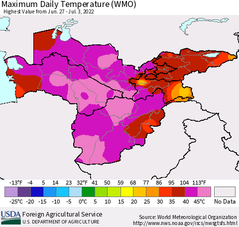 Central Asia Maximum Daily Temperature (WMO) Thematic Map For 6/27/2022 - 7/3/2022