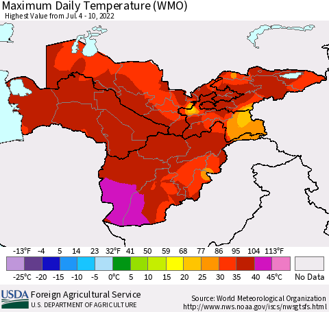 Central Asia Maximum Daily Temperature (WMO) Thematic Map For 7/4/2022 - 7/10/2022