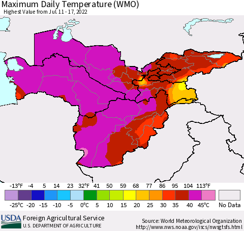 Central Asia Maximum Daily Temperature (WMO) Thematic Map For 7/11/2022 - 7/17/2022