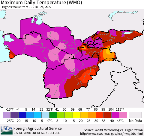 Central Asia Maximum Daily Temperature (WMO) Thematic Map For 7/18/2022 - 7/24/2022