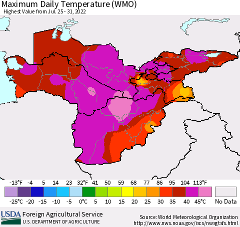 Central Asia Maximum Daily Temperature (WMO) Thematic Map For 7/25/2022 - 7/31/2022