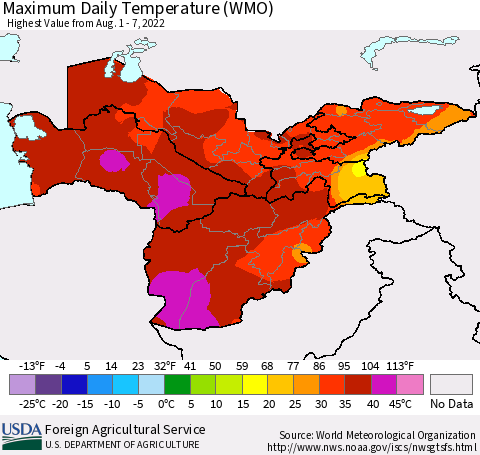 Central Asia Maximum Daily Temperature (WMO) Thematic Map For 8/1/2022 - 8/7/2022