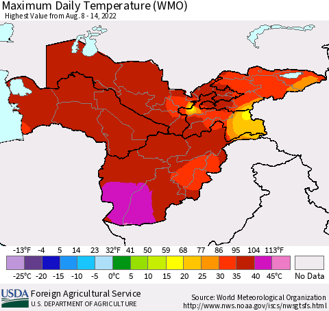 Central Asia Maximum Daily Temperature (WMO) Thematic Map For 8/8/2022 - 8/14/2022