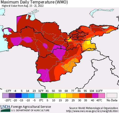 Central Asia Maximum Daily Temperature (WMO) Thematic Map For 8/15/2022 - 8/21/2022