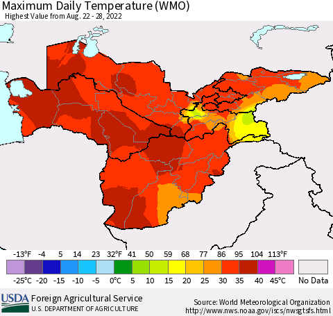 Central Asia Maximum Daily Temperature (WMO) Thematic Map For 8/22/2022 - 8/28/2022