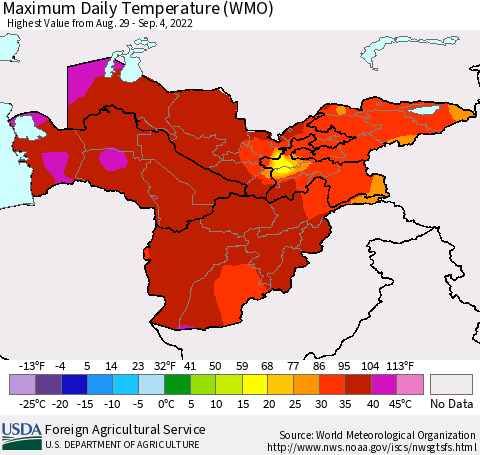Central Asia Maximum Daily Temperature (WMO) Thematic Map For 8/29/2022 - 9/4/2022