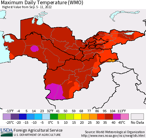 Central Asia Maximum Daily Temperature (WMO) Thematic Map For 9/5/2022 - 9/11/2022