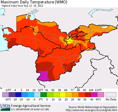 Central Asia Maximum Daily Temperature (WMO) Thematic Map For 9/12/2022 - 9/18/2022