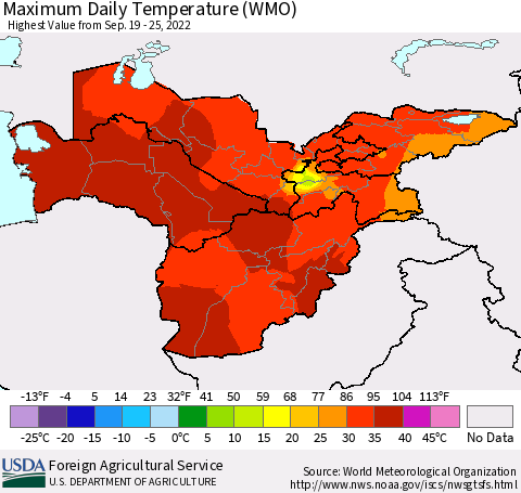 Central Asia Maximum Daily Temperature (WMO) Thematic Map For 9/19/2022 - 9/25/2022
