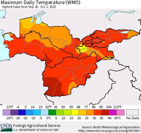 Central Asia Maximum Daily Temperature (WMO) Thematic Map For 9/26/2022 - 10/2/2022
