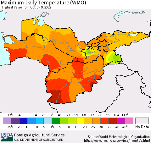 Central Asia Maximum Daily Temperature (WMO) Thematic Map For 10/3/2022 - 10/9/2022