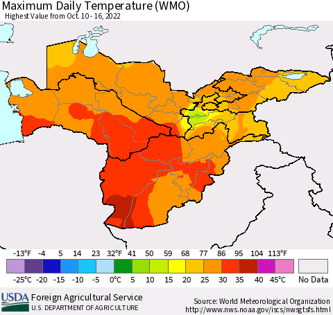 Central Asia Maximum Daily Temperature (WMO) Thematic Map For 10/10/2022 - 10/16/2022