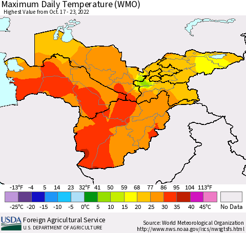 Central Asia Maximum Daily Temperature (WMO) Thematic Map For 10/17/2022 - 10/23/2022