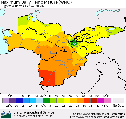 Central Asia Maximum Daily Temperature (WMO) Thematic Map For 10/24/2022 - 10/30/2022