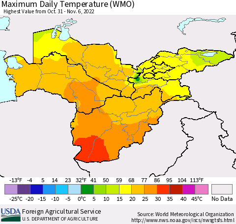 Central Asia Maximum Daily Temperature (WMO) Thematic Map For 10/31/2022 - 11/6/2022