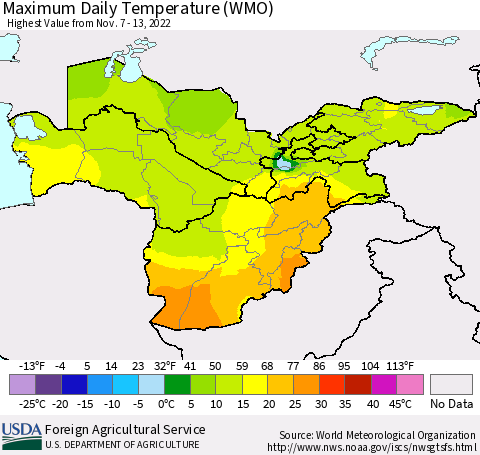 Central Asia Maximum Daily Temperature (WMO) Thematic Map For 11/7/2022 - 11/13/2022