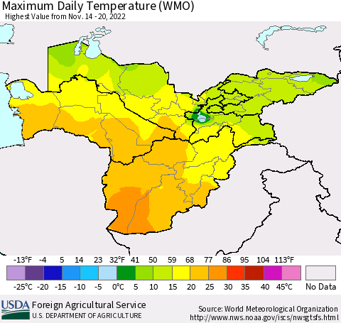 Central Asia Maximum Daily Temperature (WMO) Thematic Map For 11/14/2022 - 11/20/2022