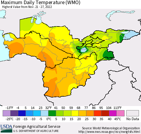 Central Asia Maximum Daily Temperature (WMO) Thematic Map For 11/21/2022 - 11/27/2022