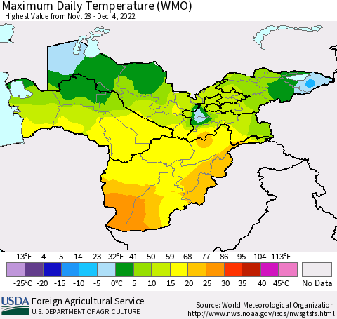 Central Asia Maximum Daily Temperature (WMO) Thematic Map For 11/28/2022 - 12/4/2022