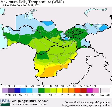 Central Asia Maximum Daily Temperature (WMO) Thematic Map For 12/5/2022 - 12/11/2022