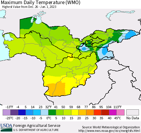Central Asia Maximum Daily Temperature (WMO) Thematic Map For 12/26/2022 - 1/1/2023