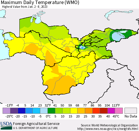 Central Asia Maximum Daily Temperature (WMO) Thematic Map For 1/2/2023 - 1/8/2023