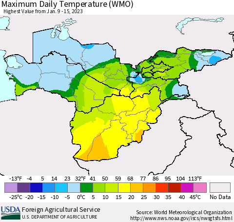 Central Asia Maximum Daily Temperature (WMO) Thematic Map For 1/9/2023 - 1/15/2023