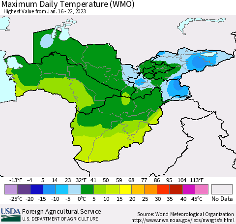 Central Asia Maximum Daily Temperature (WMO) Thematic Map For 1/16/2023 - 1/22/2023