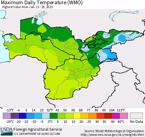 Central Asia Maximum Daily Temperature (WMO) Thematic Map For 1/23/2023 - 1/29/2023