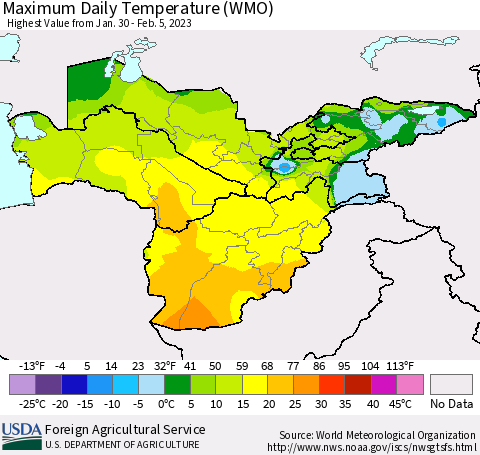 Central Asia Maximum Daily Temperature (WMO) Thematic Map For 1/30/2023 - 2/5/2023