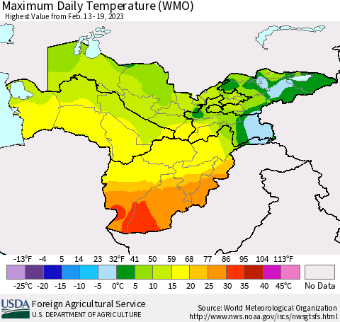 Central Asia Maximum Daily Temperature (WMO) Thematic Map For 2/13/2023 - 2/19/2023