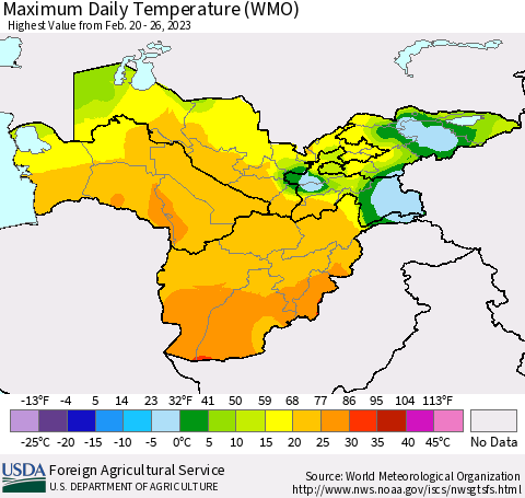Central Asia Maximum Daily Temperature (WMO) Thematic Map For 2/20/2023 - 2/26/2023