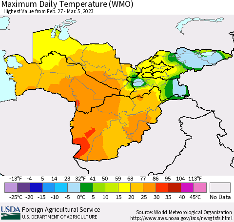 Central Asia Maximum Daily Temperature (WMO) Thematic Map For 2/27/2023 - 3/5/2023