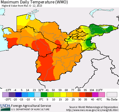 Central Asia Maximum Daily Temperature (WMO) Thematic Map For 3/6/2023 - 3/12/2023