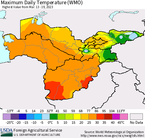 Central Asia Maximum Daily Temperature (WMO) Thematic Map For 3/13/2023 - 3/19/2023