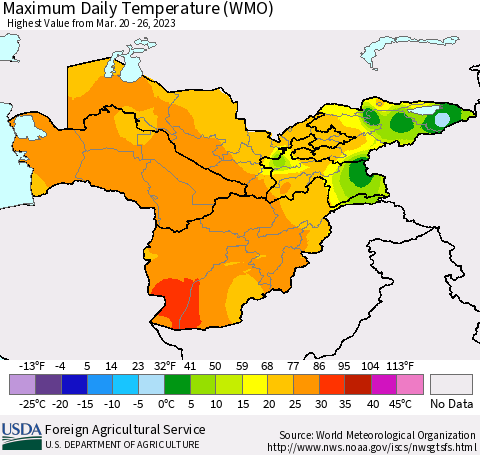 Central Asia Maximum Daily Temperature (WMO) Thematic Map For 3/20/2023 - 3/26/2023