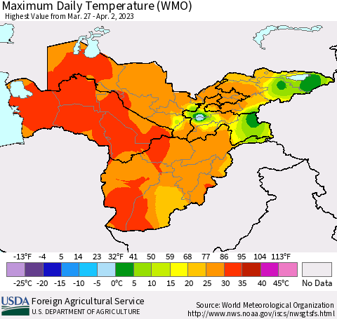 Central Asia Maximum Daily Temperature (WMO) Thematic Map For 3/27/2023 - 4/2/2023