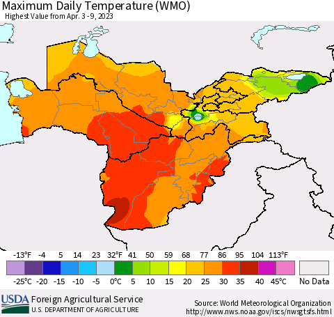 Central Asia Maximum Daily Temperature (WMO) Thematic Map For 4/3/2023 - 4/9/2023