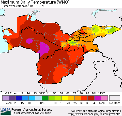 Central Asia Maximum Daily Temperature (WMO) Thematic Map For 4/10/2023 - 4/16/2023