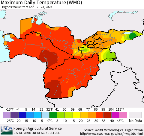 Central Asia Maximum Daily Temperature (WMO) Thematic Map For 4/17/2023 - 4/23/2023