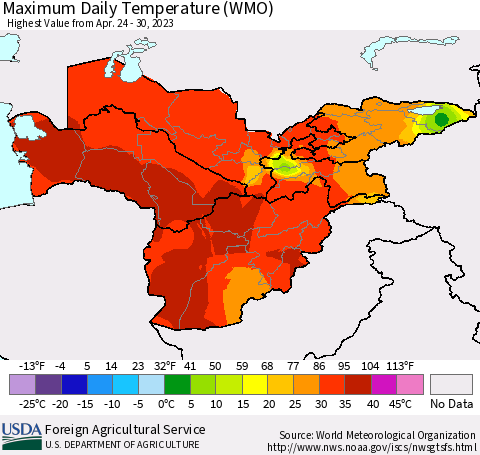 Central Asia Maximum Daily Temperature (WMO) Thematic Map For 4/24/2023 - 4/30/2023