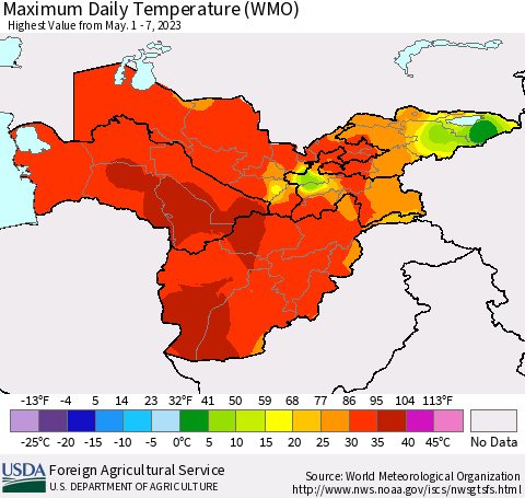 Central Asia Maximum Daily Temperature (WMO) Thematic Map For 5/1/2023 - 5/7/2023