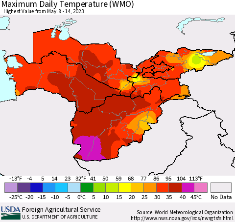 Central Asia Maximum Daily Temperature (WMO) Thematic Map For 5/8/2023 - 5/14/2023