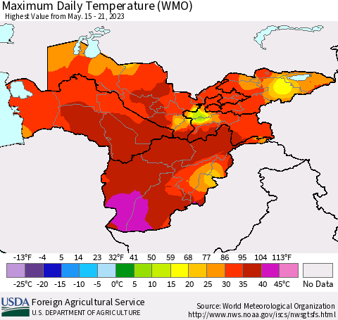 Central Asia Maximum Daily Temperature (WMO) Thematic Map For 5/15/2023 - 5/21/2023