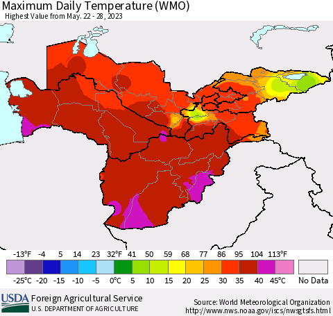 Central Asia Maximum Daily Temperature (WMO) Thematic Map For 5/22/2023 - 5/28/2023